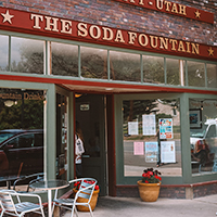 The Soda Fountain in Utah: A vintage brick building with a sign reading "The Soda Fountain.