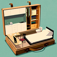 Open suitcase transformed into a tiny studio apartment with kitchen, bed, and desk.