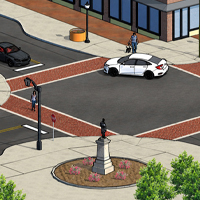 Urban intersection with cars, pedestrians, and a statue in a park.