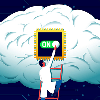 A person in a lab coat activating the "on" switch for a computer chip attached to a brain.