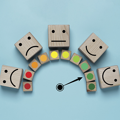 A gauge ringed with cartoon faces indicating the level of customer satisfaction; the needle points between faces representing satisfied and