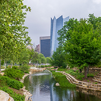 Urban river park with trees and city skyline