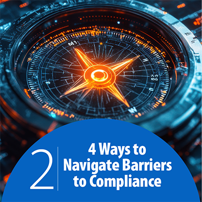 The Digital Accessibility Time Bomb 2: 4 Ways to Navigate Barriers to Compliance; a high-tech compass overlaid on a digital dashboard.