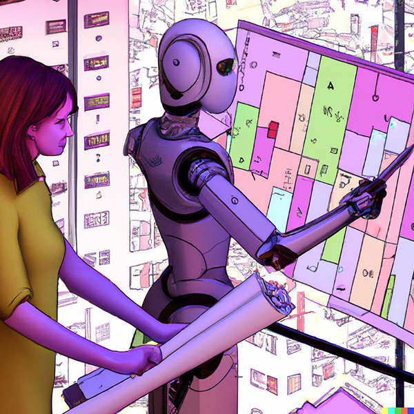 A computer-generated image of a woman in a plain dress holding a large rolled-up map standing next to a human-sized robot holding a pointer and facing a colorful parcel map on a stand, with a purple-tinted urban landscape of tall buildings with windows in the background.