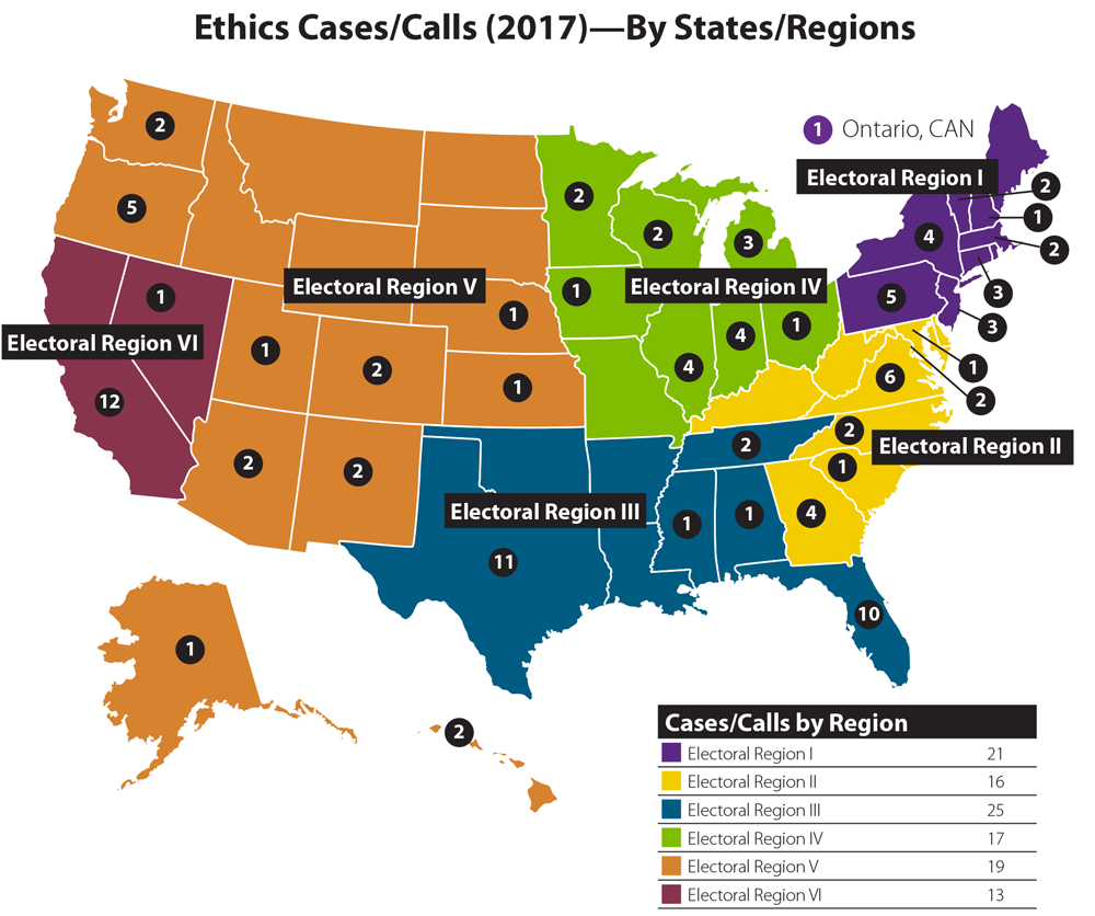 U.S. map outlining 2017 ethics cases/calls by region.