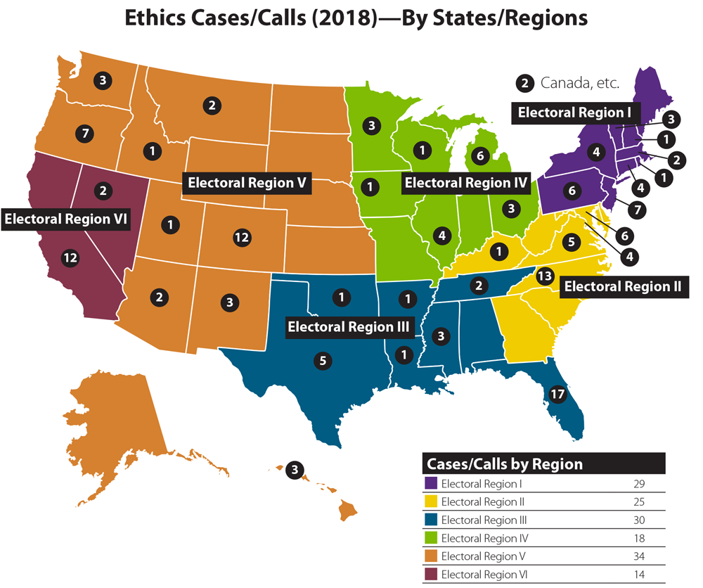 Map of the United States displaying AICP ethics cases that arose in 2018. Graphic by Susan Deegan.