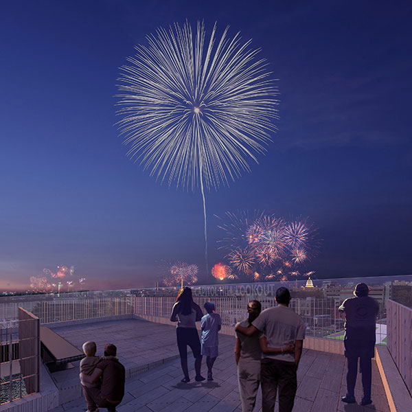 The bridge’s Capitol Hill lookout toward DC. Rendering courtesy of OMA.