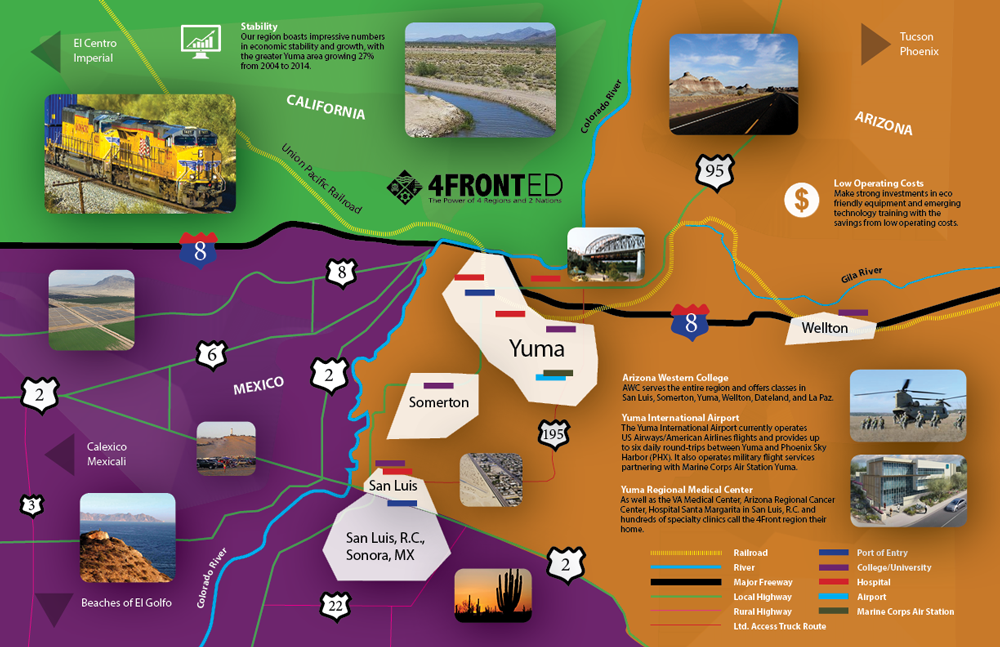 Regional map of 4Fronted Arizona-Mexico Border Business Case, winner of Donald Hunter Award, APA Economic Development Division.