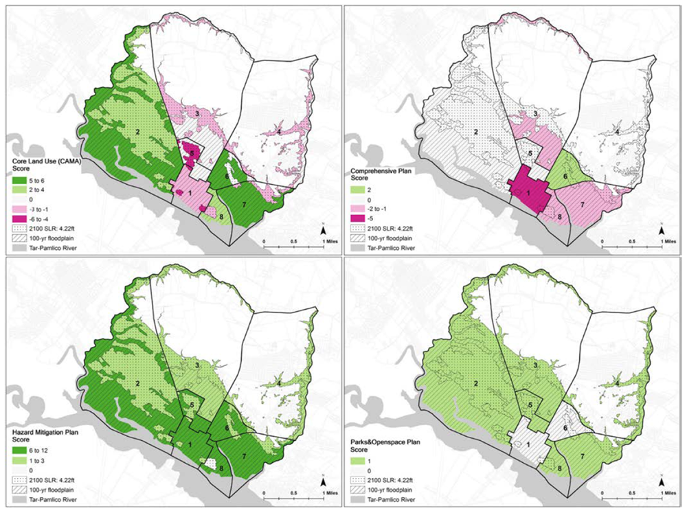 Figure 4. Four policy score maps of Washington, North Carolina, allow for quick comparisons among different planning documents; higher scores indicate more policies aimed at decreasing vulnerability. PIRS Guidebook.