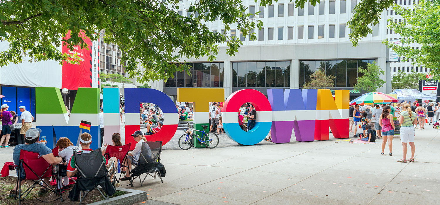 This Midtown plaza space in front of a mixed-use development creates and “outdoor living room” experience.