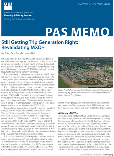 PAS Memo November-December 2020 cover Cover of PAS Memo November-December 2020: Still Getting Trip Generation Right: Revalidating MXD+