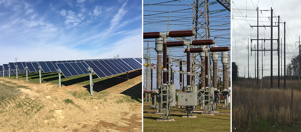 Figure 2. Components of a solar farm: solar panels (left), substation (center), and high-voltage transmission lines (right). Photos courtesy Berkley Group (left, right) and Pixabay (center).