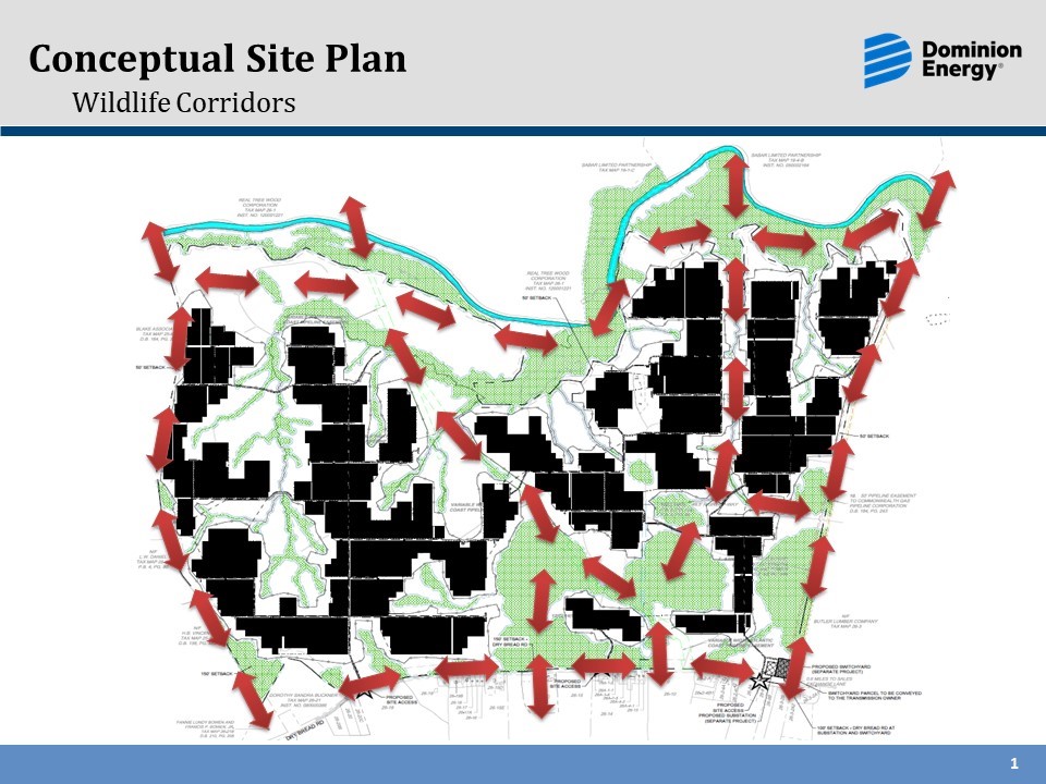 Figure 6. A conceptual site plan for a 1,491-acre utility-scale solar facility showing wildlife corridors throughout the site. Courtesy Dominion Energy.