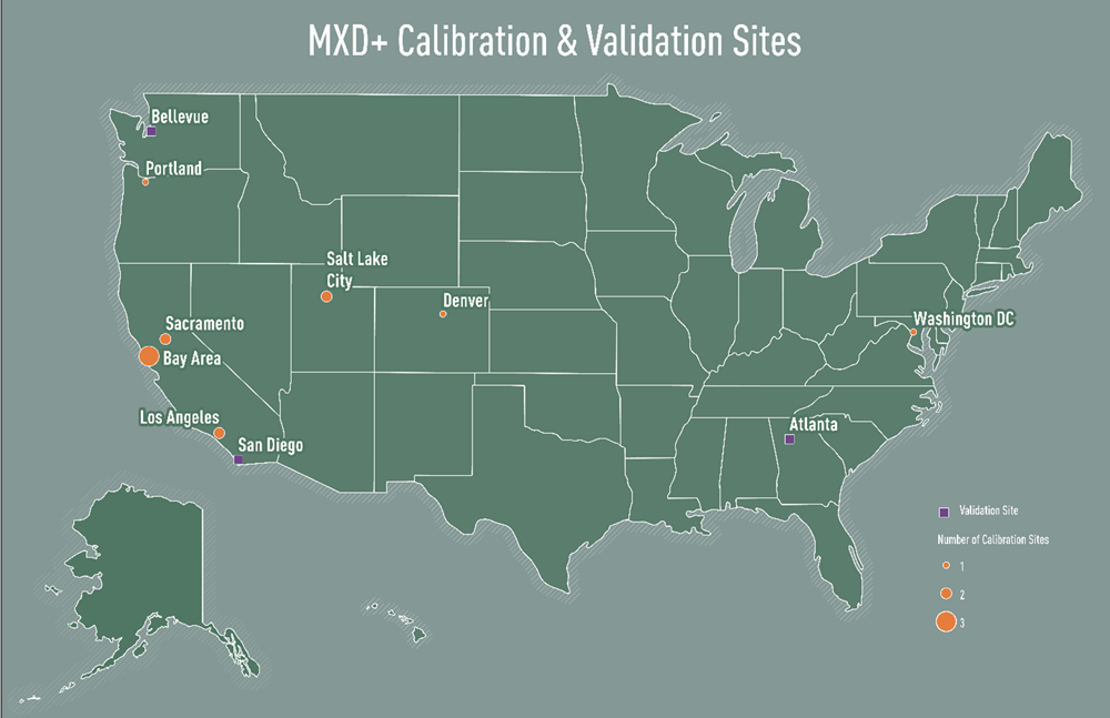 Figure 2. MXD+ calibration and validation sites (PAS Memo) MXD+ calibration and validation sites. Courtesy Fehr & Peers.