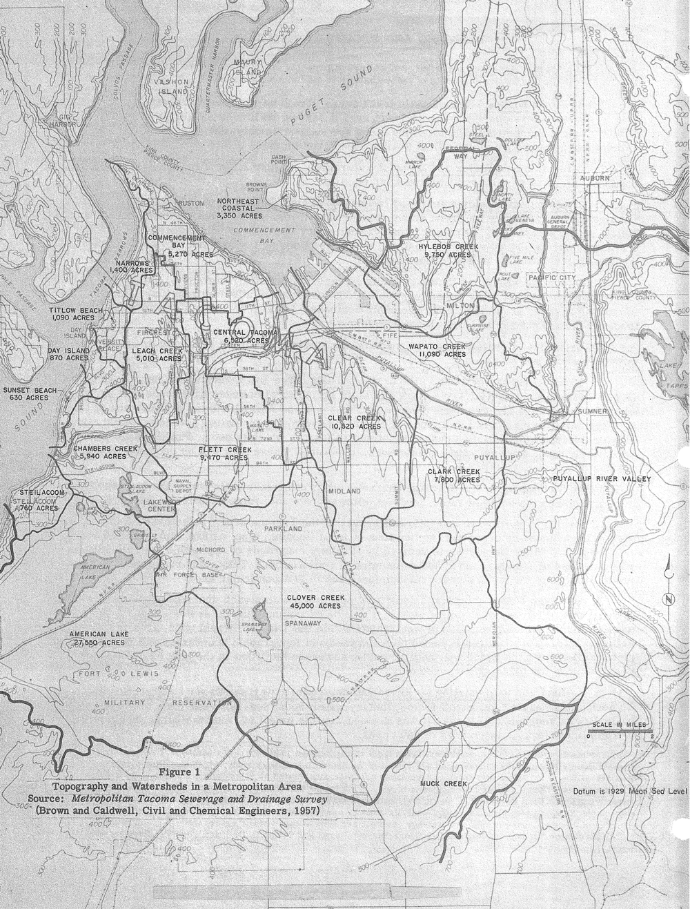 Figure 1.  Topography and Watersheds in a Metropolitan Area. Source: Metropolitan Tacoma Sewerage and Drainage Survey (Brown and Caldwell, Civil and Chemical Engineers, 1957).