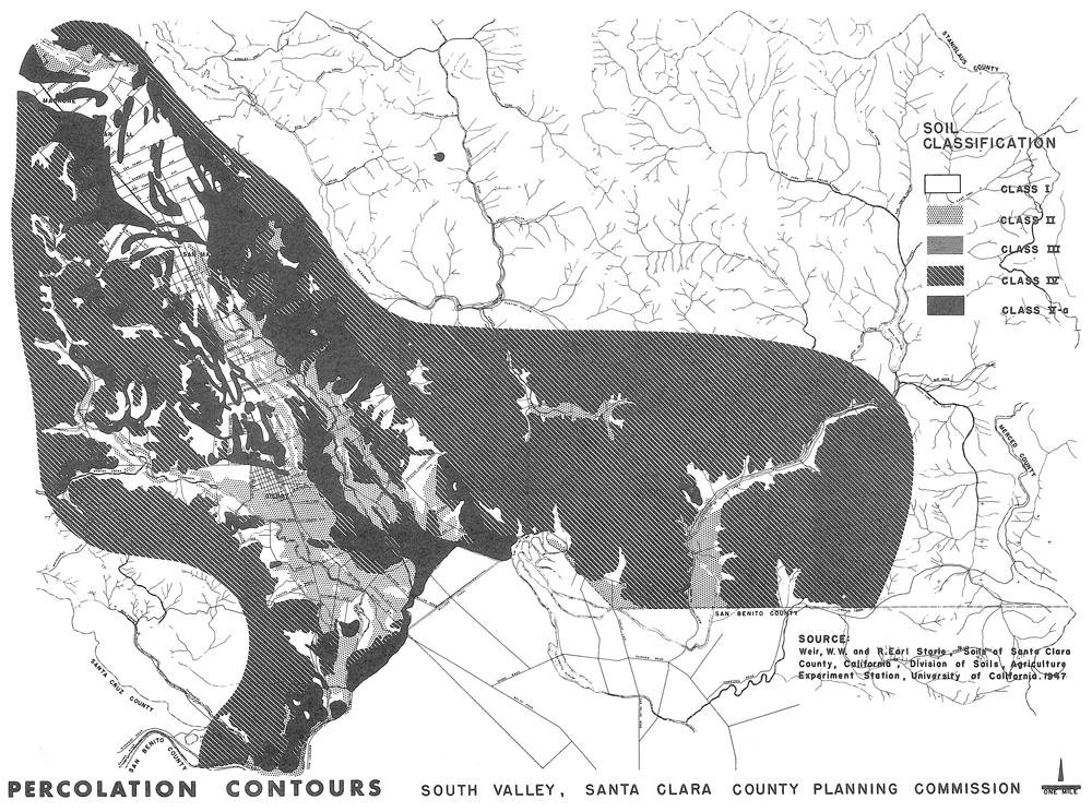 Figure 3. Percolation Contours.  Source: Weir, W.W., and R. Earl Storie, "Soils of Santa Clara County, California," Division of Soils, Agricultural Experiment Station, University of California, 1947.