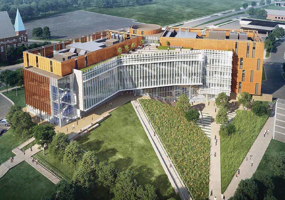 Rendering of N.C. A&T’s new Engineering Research and Innovation Complex, one of several improvements — big and small — to the East Market District since the original CPAT project. Rendering courtesy North Carolina Agricultural and Technical State University.