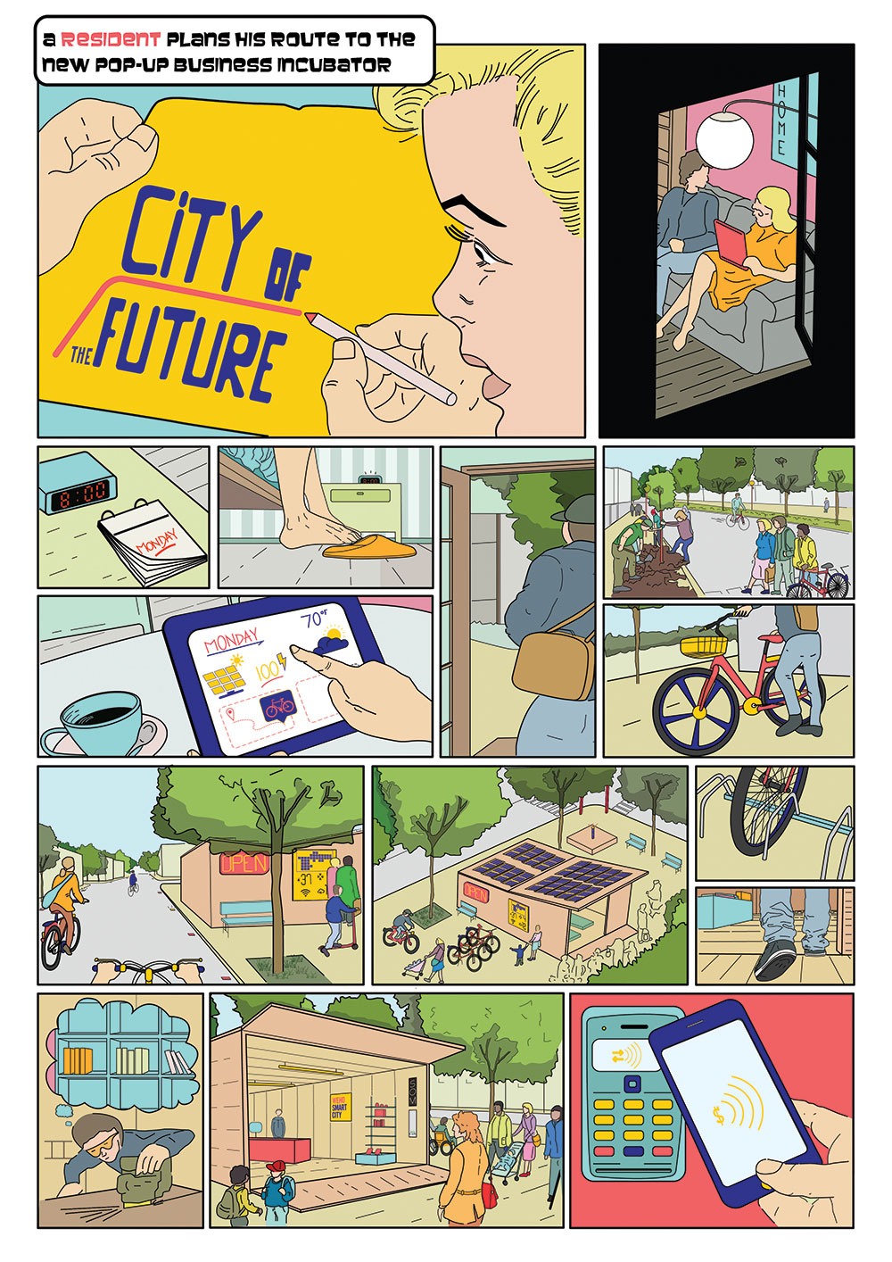 A page from a graphic novel developed for the city of West Hollywood explains how technology can facilitate a seamless mobility experience in West Hollywood through better information, connectivity between public and private transport modes, and payment options.