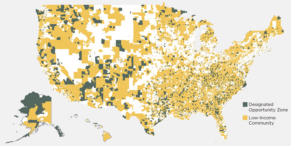 Opportunity Zones From Coast to Coast: The OZ incentive generally allowed governors to designate up to 25 percent of a state’s low-income community population tracts as qualified opportunity zones. There are 8,700 in the U.S.; an interactive map by zip code is available. Map courtesy Novogradac & Company LLC.