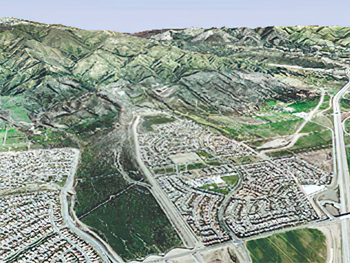 Rancho Cucamonga, California, restricts development to the periphery of the San Sevaine Wash at the foot San Gabriel Mountains. Photo courtesy Esri ArcGis Explorer, Alluvial Task Force/California State University, Santa Barbara.