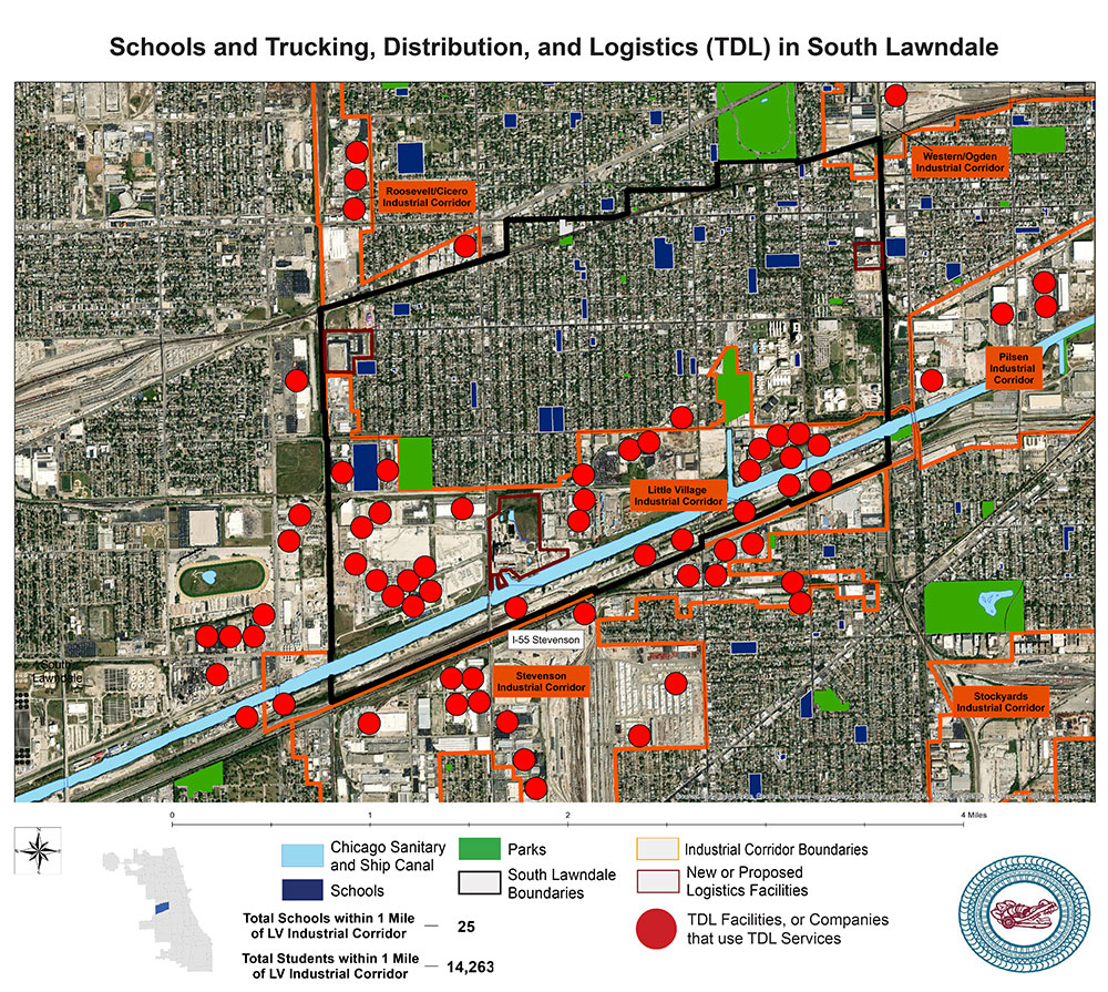 This map of South Lawndale, Chicago, shows the proximity of schools and the more than 30 companies in the Little Village neighborhood that are classified as part of the trucking, distribution, and logistics industry.