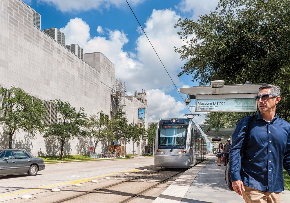 Houston is known for its Texas-sized highways, but it also wants to be recognized for multimodal efforts like pedestrian and bike infrastructure and light rail. Photos by Patrick Insull/Shutterstock and Paul Hester.