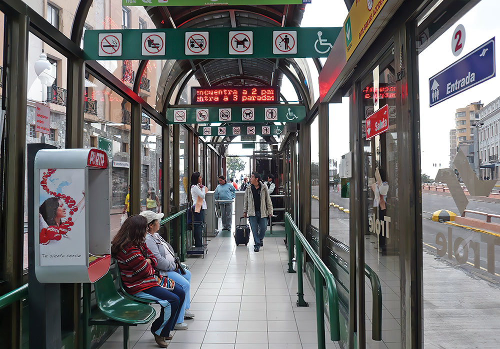 Infrastructure changes can help make transit safer. Quito, Ecuador, installed glass bus shelters to increase the line of sight in all directions and eliminate blind spots. Photo by Karl Fjellstrom, Far East Mobility.