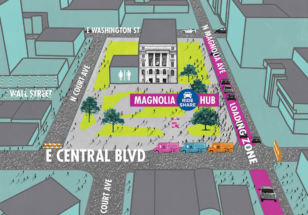 Last year assistant planning division manager Jason Burton, AICP, and Dominique Greco, the nighttime economy manager, worked on a pilot program for weekend ride-hailing hubs for Uber and Lyft and a designated food truck area in the popular Wall Street Plaza in Orlando. Map courtesy City of Orlando.