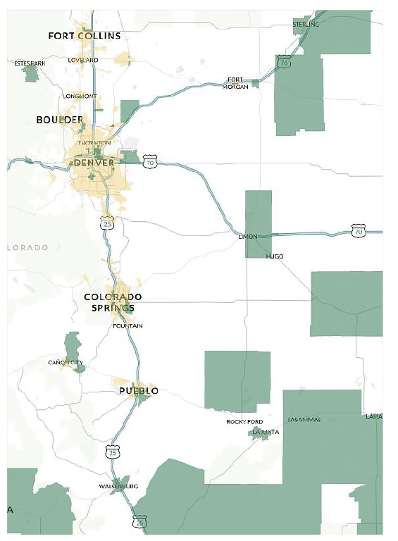 The new interactive map links Opportunity Zones (shown in green near Denver above) with transportation infrastructure. Map courtesy U.S. Department of Transportation.