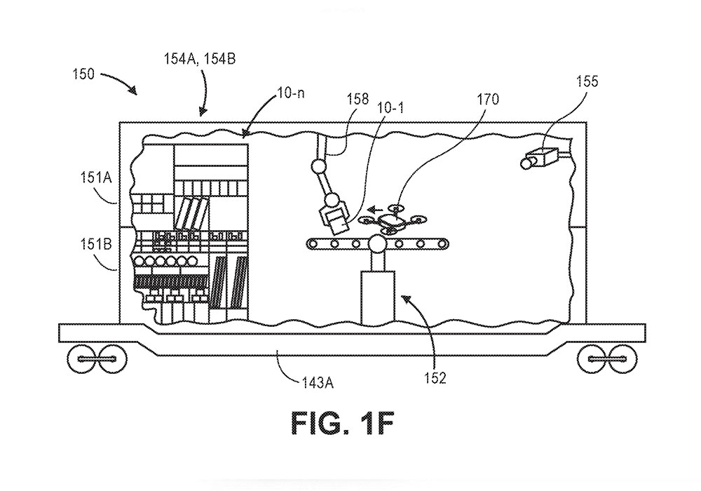 Amazon's patent application for demand-responsive distribution envisions intermodal carriers coupled to locomotives, container ships, and road tractors, with systems to load and launch drones for deliveries and retrieve them when they're done.