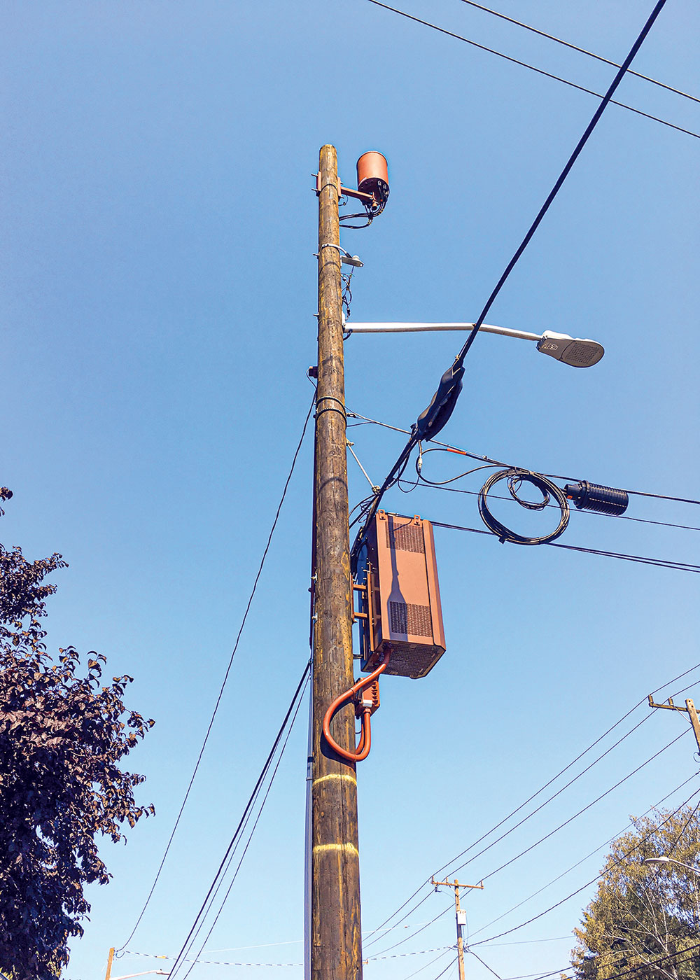 5G Installation Option: Mounted on a combination lamp post and telephone pole in Seattle. Photo courtesy Seattle Department of Transportation.