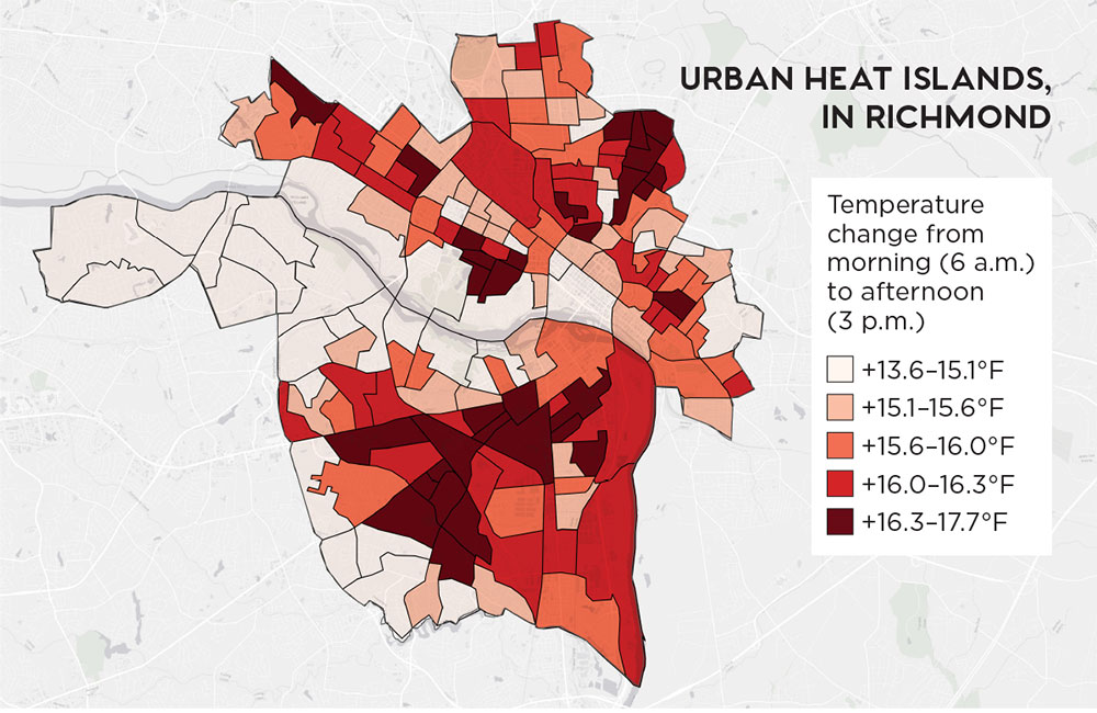 Census Block Source: American Community Survey 2011–2015; Maps: Integrating Satellite and Ground Measurements for Predicting Locations of Extreme Urban Heat, courtesy Jeremy Hoffman.