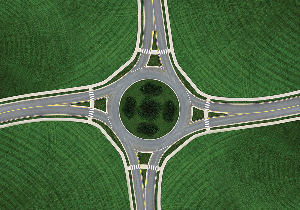 A drone's-eye view of a roundabout. Photo by Shaunl.