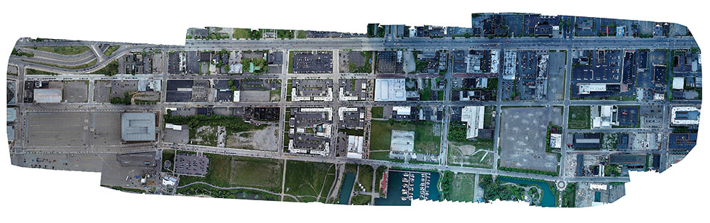 Quantifly's reassembled UAV images for the Detroit riverfront parking survey captured every car counted by lot, block, time, and date, as well as parking occupancy to capacity counts. Photo courtesy Quantifly.