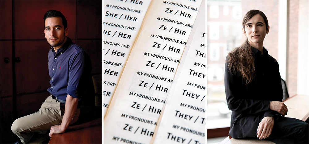 Diego Garcia Blum (left), a Harvard graduate student, created these stickers with pronouns like the nonbinary "ze/hir" to help prevent the misgendering of fellow students and faculty. "I think it's valuable, generally speaking, to challenge the norm that you can assume a person's gender based on appearances," Raven Graf (right), a nonbinary student whose pronouns are "they/them."