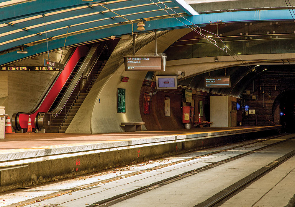 The San Francisco Metropolitan Transportation Agency shut down its commuter-focused rail lines and moved to an all-bus system to better serve hospitals and shopping areas where essential workers needed to go. Photo by Christie Hemm Klok/The New York Times.