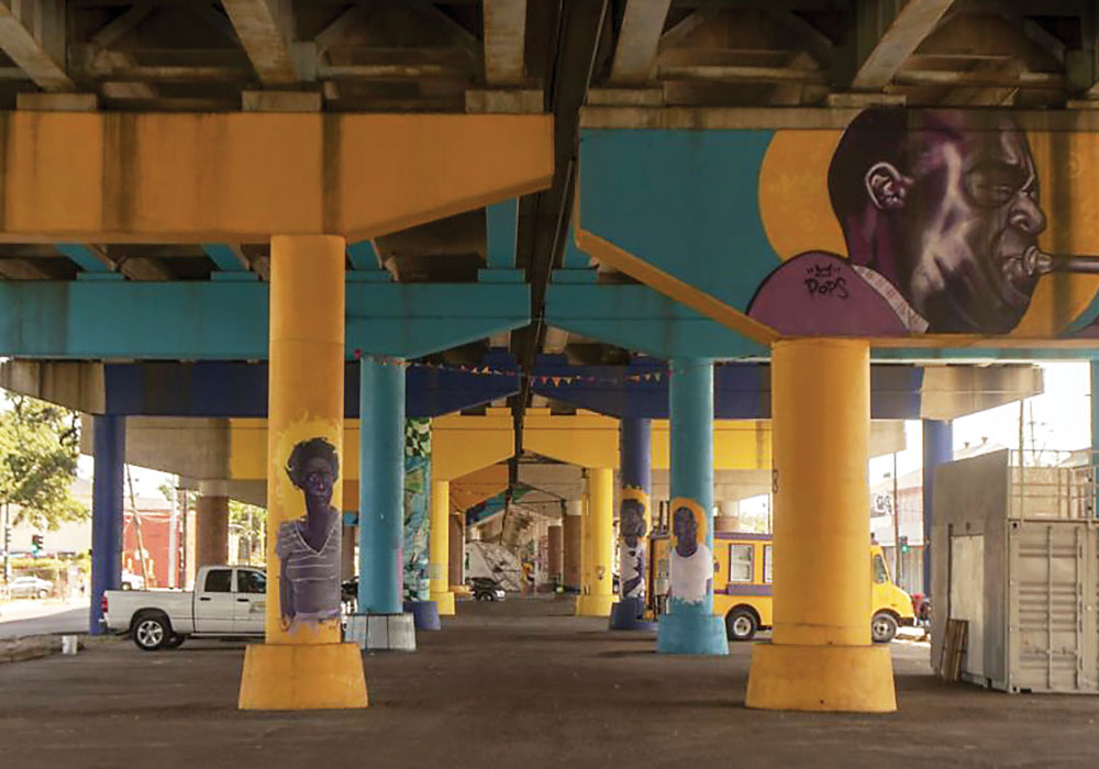 Under highway 110, the Claiborne Corridor pillars have been painted to honor luminaries from New Orleans's African-American community. Photo by Jamell Tate