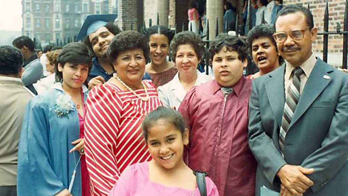 Evelina López Antonetty (center in red striped dress) with her sister Lillian López, among others. Photo courtesy Center for Puerto Rican Studies Library & Archives, Hunter College, CUNY