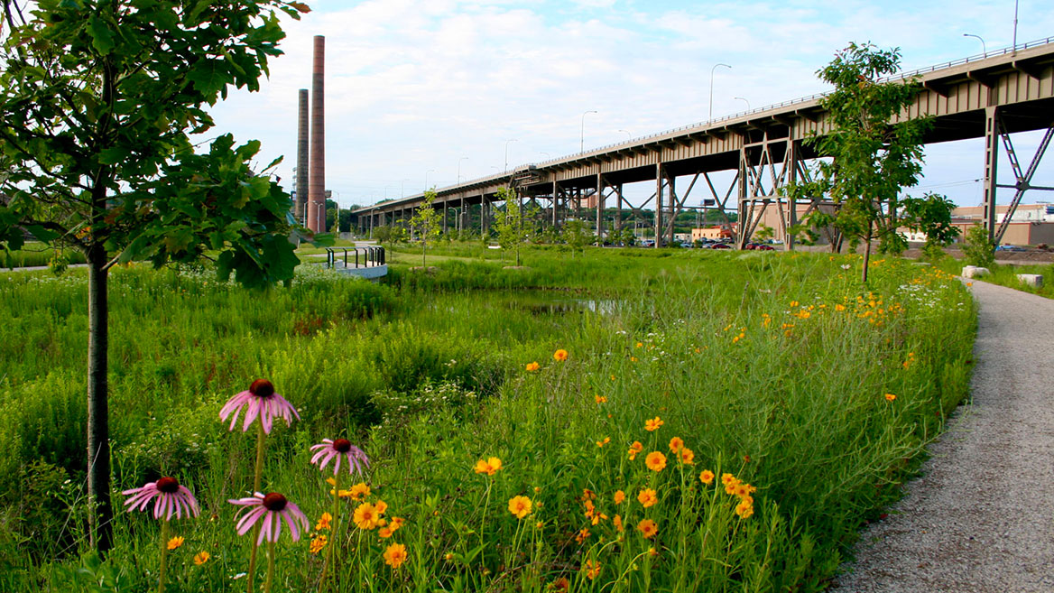 The change from brownfield to green infrastructure at Menomonee Valley Industrial Center's Stormwater Park, in Milwaukee, Wisconsin, was supported by updated municipal codes and ordinances that encouraged more sustainable practices. Photo courtesy of Wenk Associates.