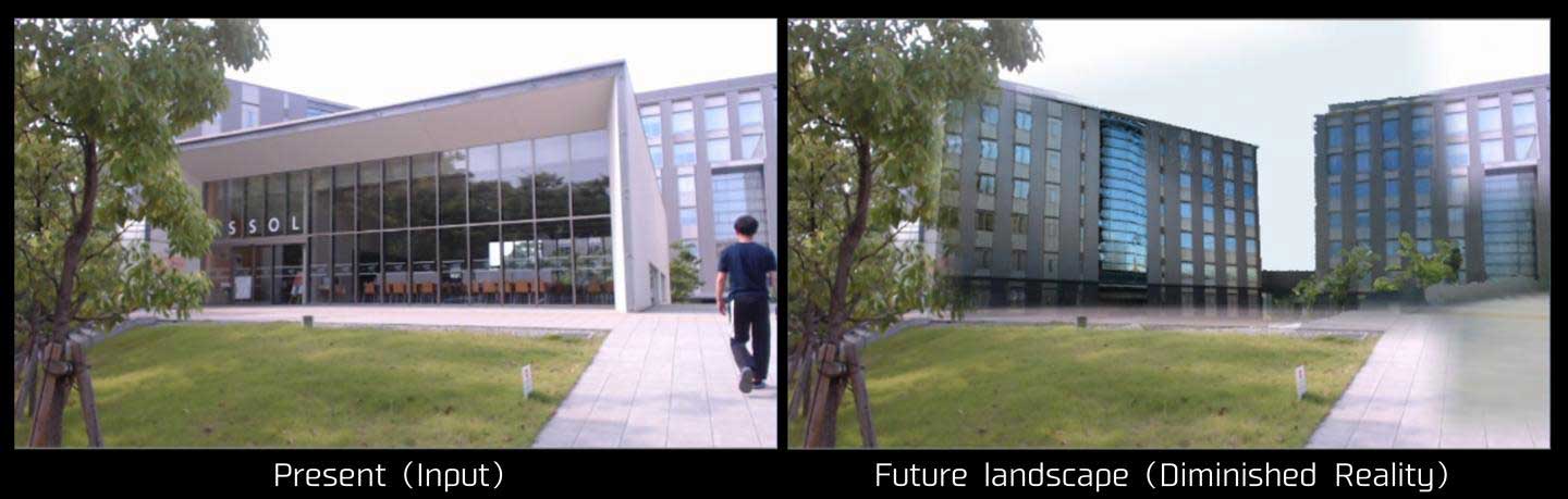 Diminished reality cancels elements, be it a trash can or surrounding sounds. Above, a moving object (pedestrian) has been virtually removed in real-time along with the immobile building. Source: “Diminished reality system with real-time object detection using deep learning for onsite landscape simulation during redevelopment,” courtesy of Osaka University.