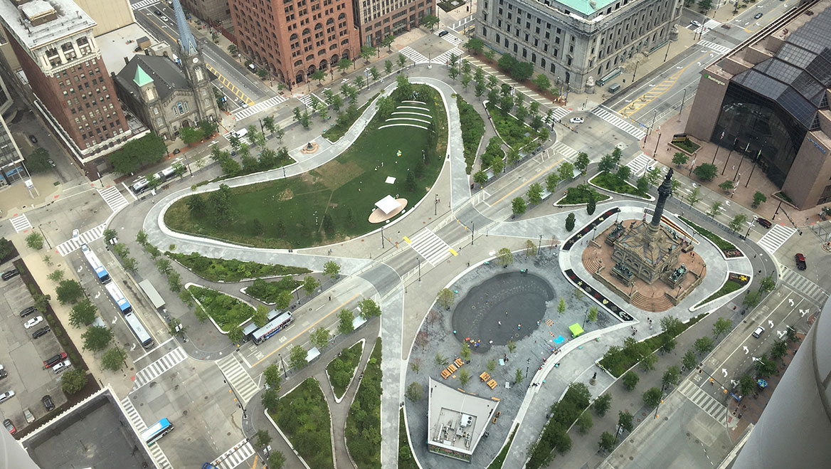 Cleveland’s public square includes a speaker's platform and clear site lines. Photo by Cards84664/Wikipedia.