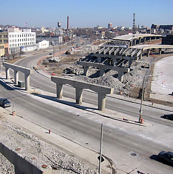 When the Park East Freeway in Milwaukee came down, it was replaced by tree-lined McKinley Boulevard. Photo courtesy of Milwaukee Department of City Development.