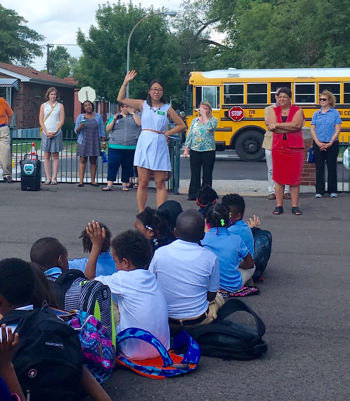Grace Kyung, Bicycle and Pedestrian Planner at Trailnet, thanking the school for partnering on the crosswalk improvement project. Photo courtesy of Trailnet.