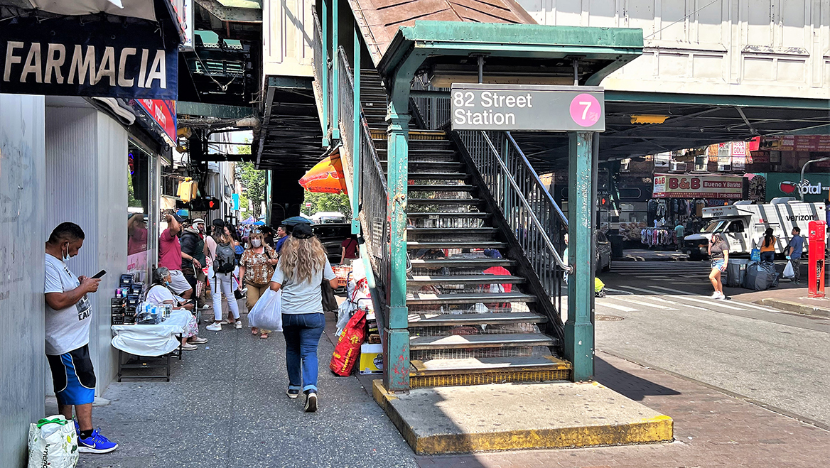 Only 24 percent of New York City's 472 subway stations are accessible. This stop in Jackson Heights, Queens, lacks a much-needed elevator. Photo by Steve Wright.