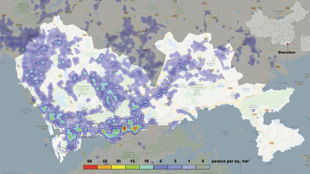 A sample of Baidu heat maps for Shenzhen. From “Using Big and Open Data to Analyze Transit-Oriented Development,” Journal of the American Planning Association (Vol. 86, No. 3).