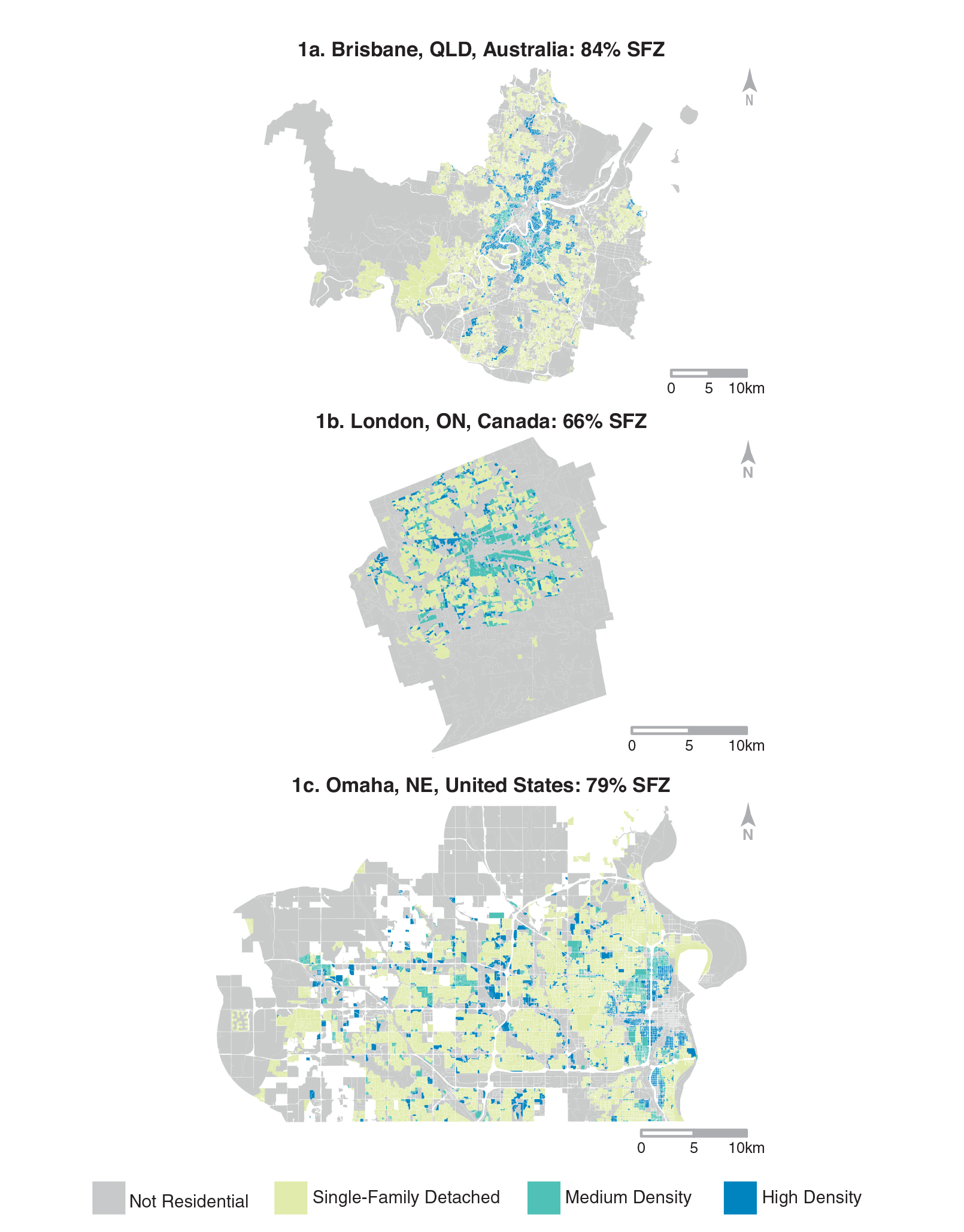 Figure 1. (a) Australian, (b) Canadian, and (c) American municipalities with SFZ, showing the current distribution of SFZ, medium-density, and high-density residential zoning in each, with SFZ's proportion of all residentially zoned land noted next to each municipality’s name.