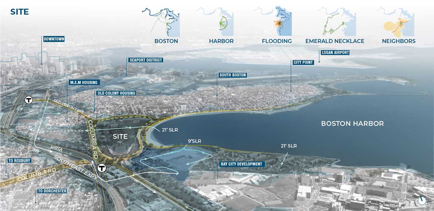 Moakley Park within its urban and waterfront context, highlighting projected coastal inundation to the park and adjacent neighborhoods. Image copyright Stoss Inc.