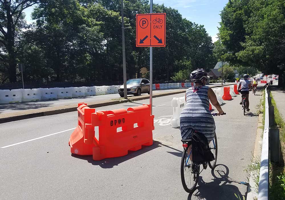 Cummins Highway Boston quick build protected bike lane during COVID-19. Photo by LiveableStreets Alliance. 