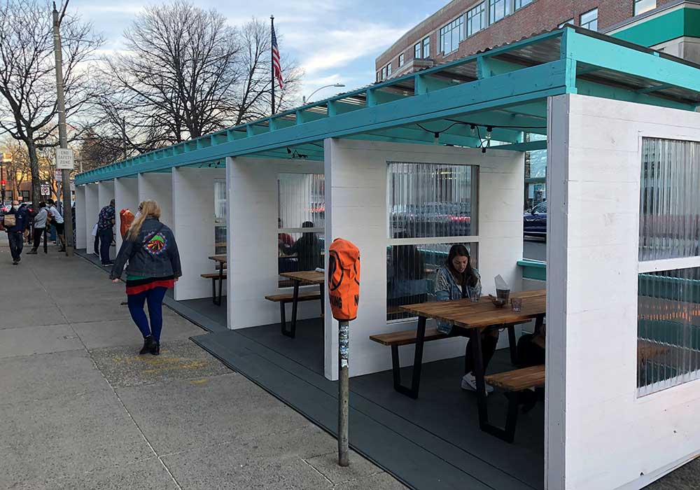 Davis Square, Somerville outdoor dining in April 2021. Photo by Ralph Willmer, FAICP.