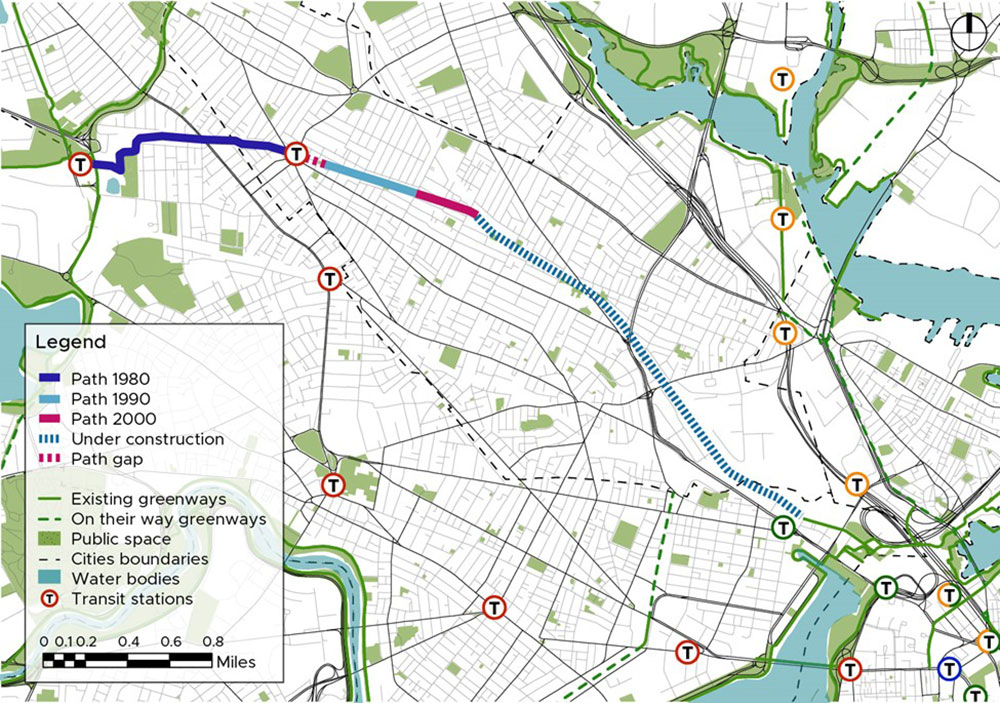 Map of the Alewife Linear Park and Somerville Community Path in context. Credit María de la Luz Lobos 2021.